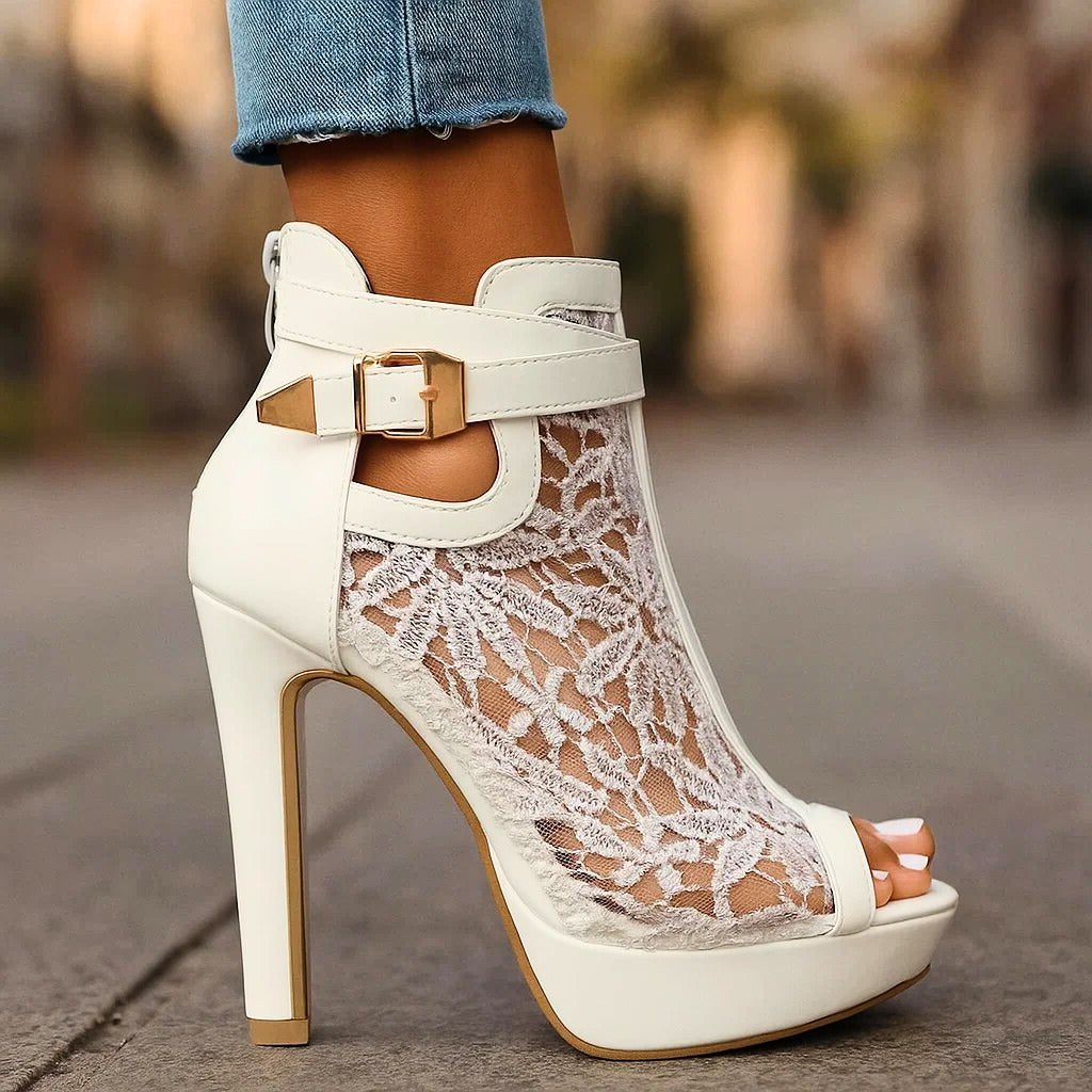 Halcyon | Lace Platform Heels with Peep Toe and Ankle Strap for Women