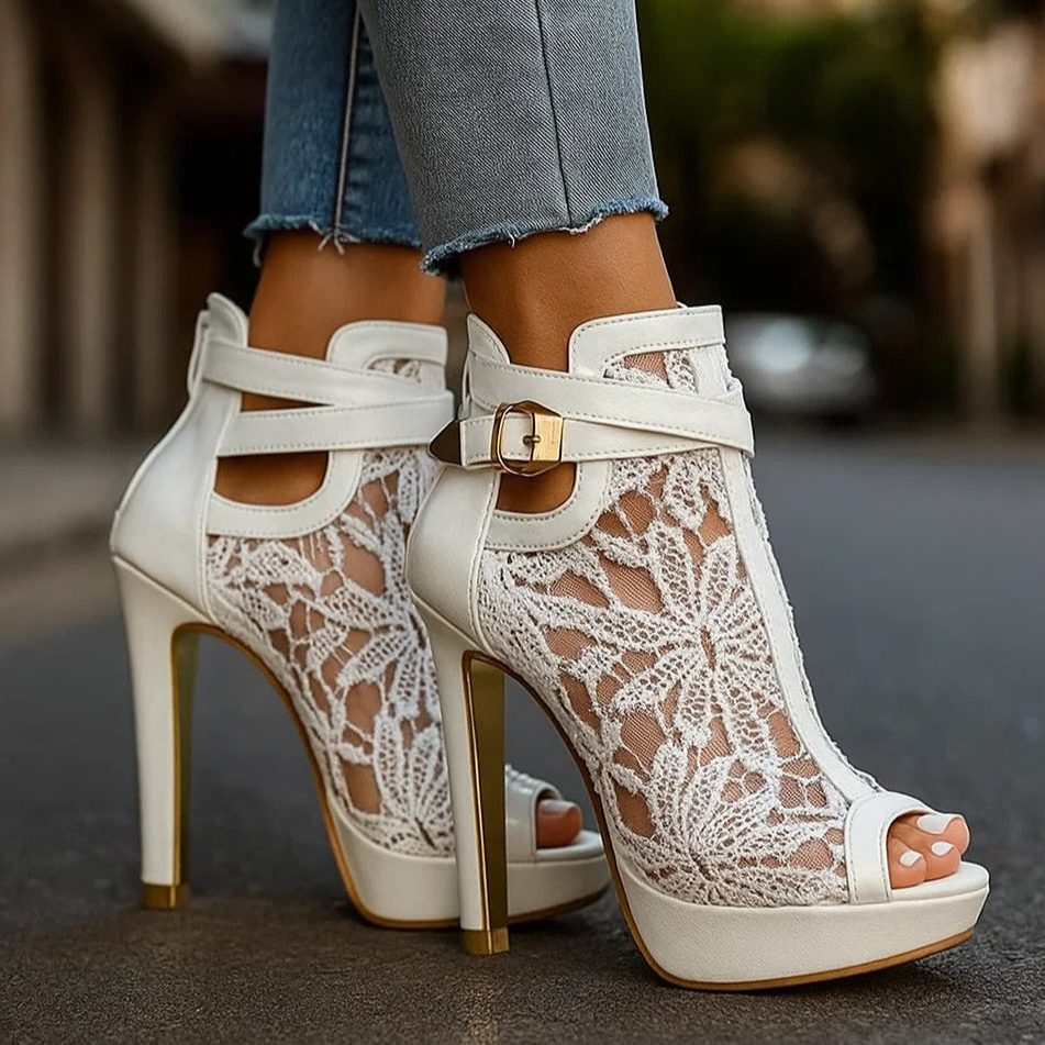 Halcyon | Lace Platform Heels with Peep Toe and Ankle Strap for Women