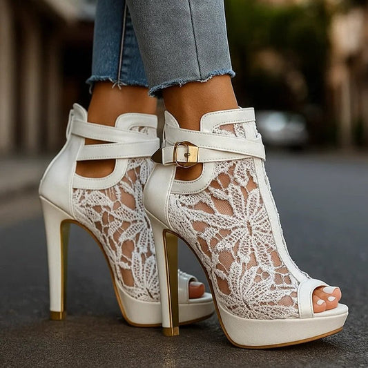 Halcyon | Lace Platform Heels with Peep Toe and Ankle Strap for Women