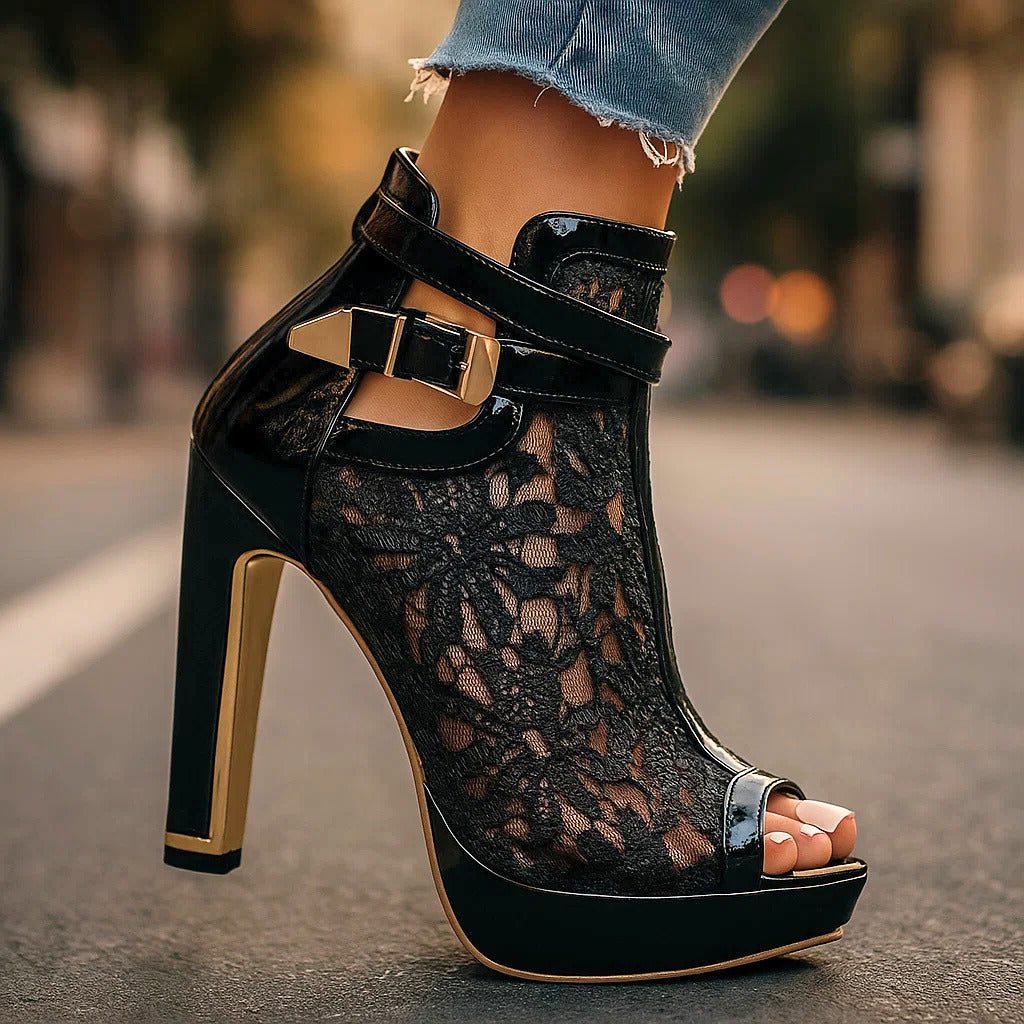 Halcyon | Lace Platform Heels with Peep Toe and Ankle Strap for Women