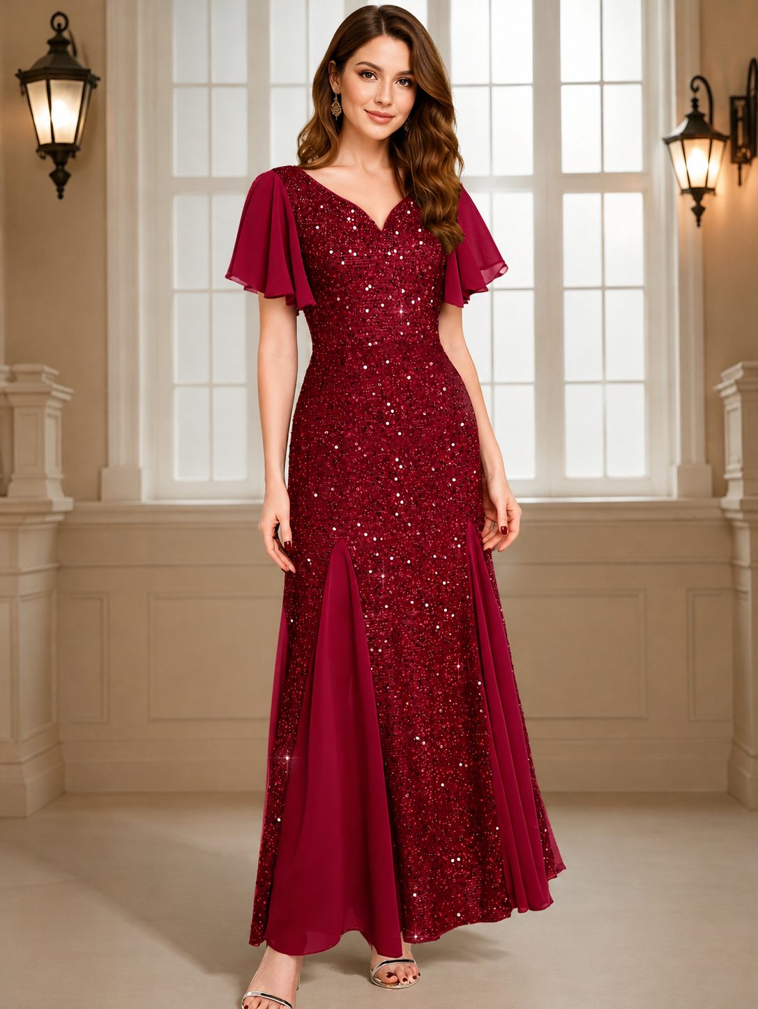 Hyacinth | Sequin Maxi Dress with V-Neck and Flutter Sleeves for Women
