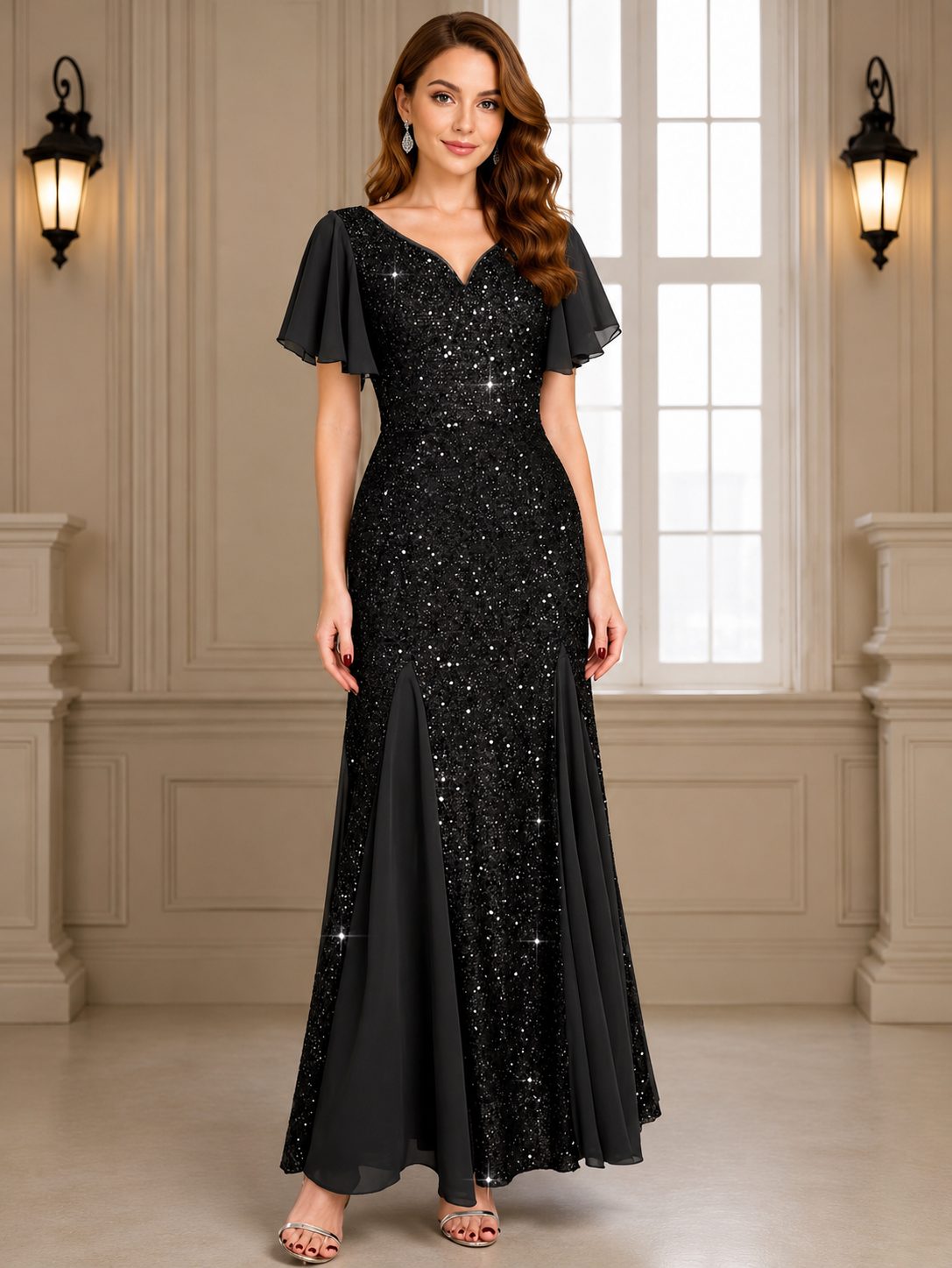 Hyacinth | Sequin Maxi Dress with V-Neck and Flutter Sleeves for Women