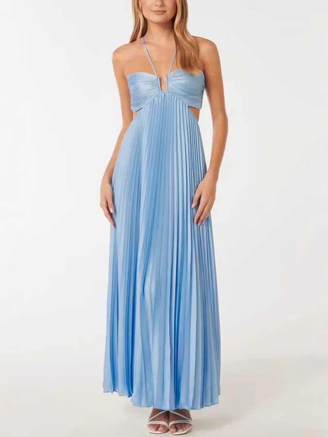 Ameline | Wedding Guest Halterneck Pleated Maxi Dress for Women