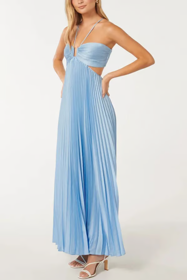 Ameline | Wedding Guest Halterneck Pleated Maxi Dress for Women