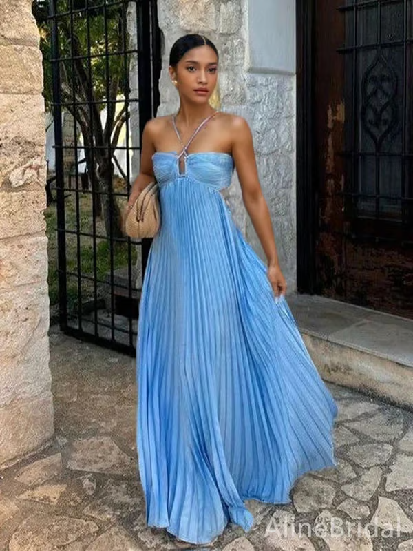 Ameline | Wedding Guest Halterneck Pleated Maxi Dress for Women