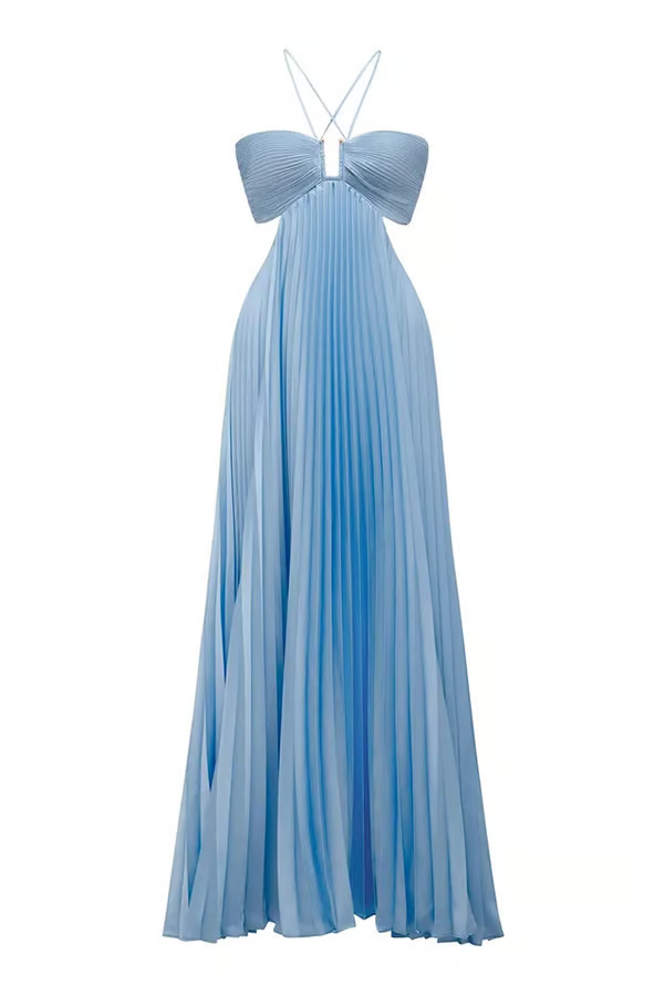 Ameline | Wedding Guest Halterneck Pleated Maxi Dress for Women