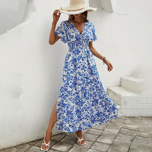 Bianca | Boho Printed V Neck Short Sleeve Maxi Dress