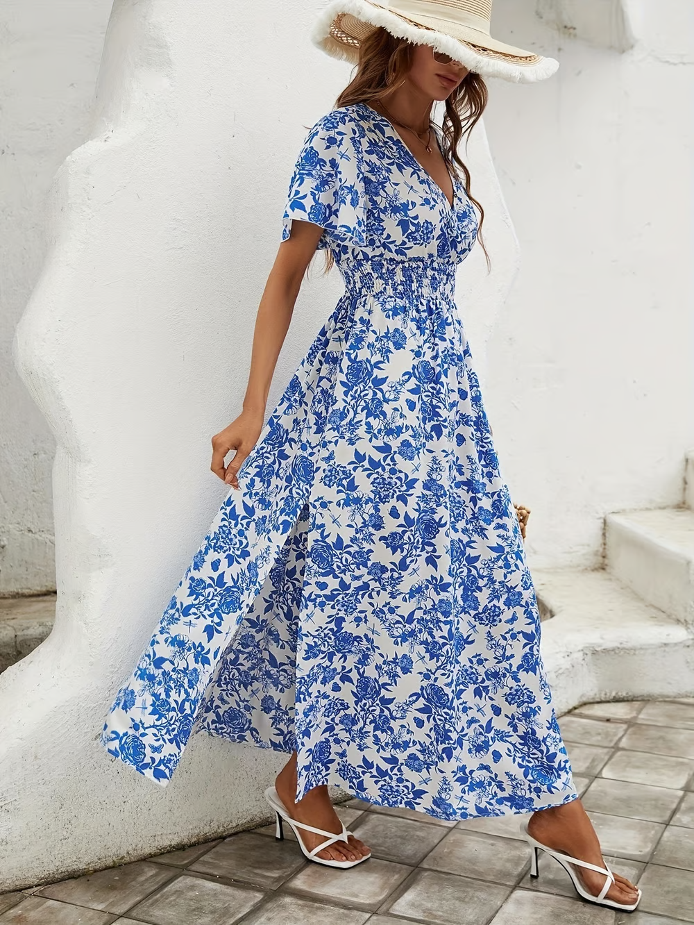 Bianca | Boho Printed V Neck Short Sleeve Maxi Dress