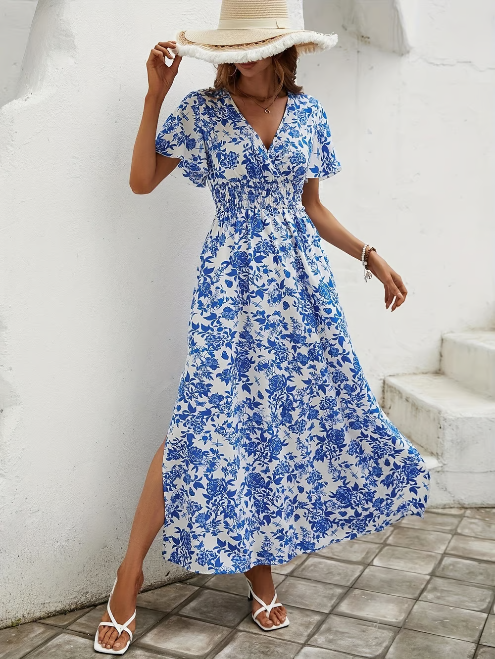 Bianca | Boho Printed V Neck Short Sleeve Maxi Dress