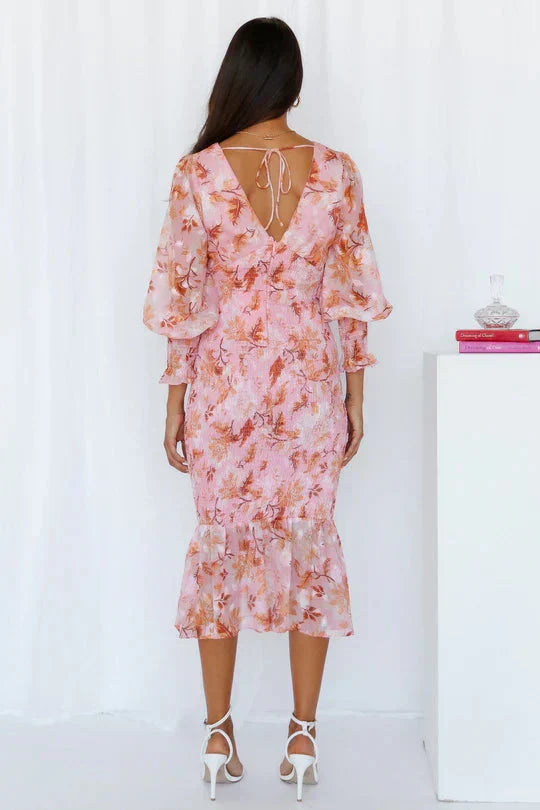 Vilhelmina | Floral Wedding Guest Midi Dress with V-Neck and Puff Sleeves for Women