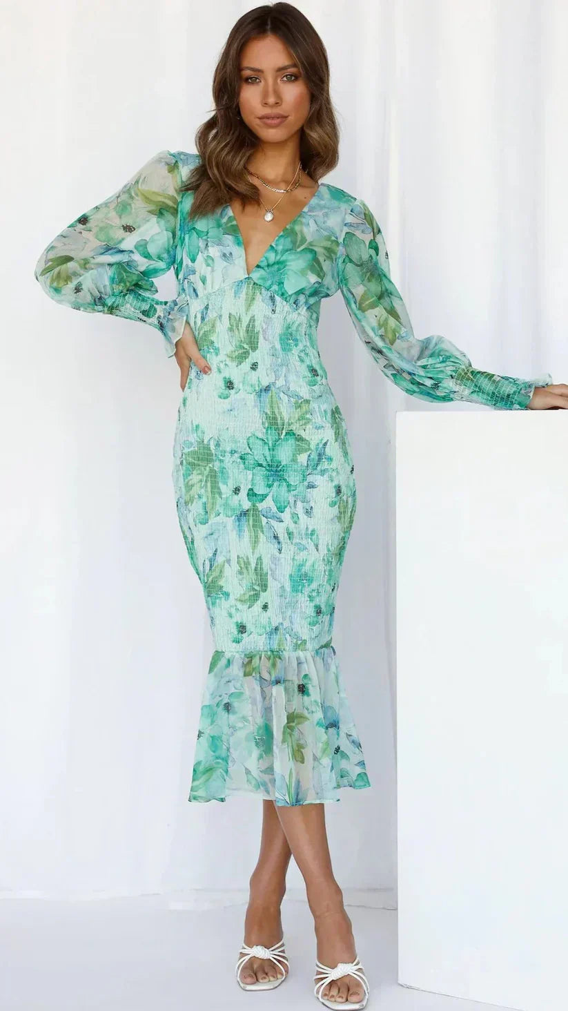 Julia | Floral Wedding Guest Midi Dress with V-Neck and Puff Sleeves for Women