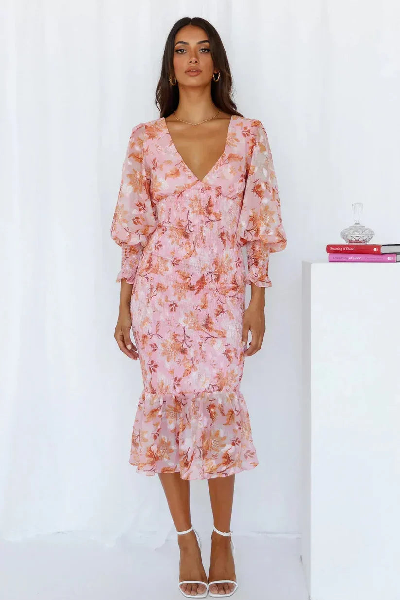 Vilhelmina | Floral Wedding Guest Midi Dress with V-Neck and Puff Sleeves for Women