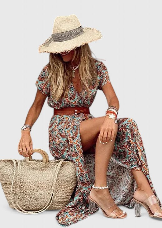 Elena | Short Sleeve Wrap Maxi Dress with Slit for Women