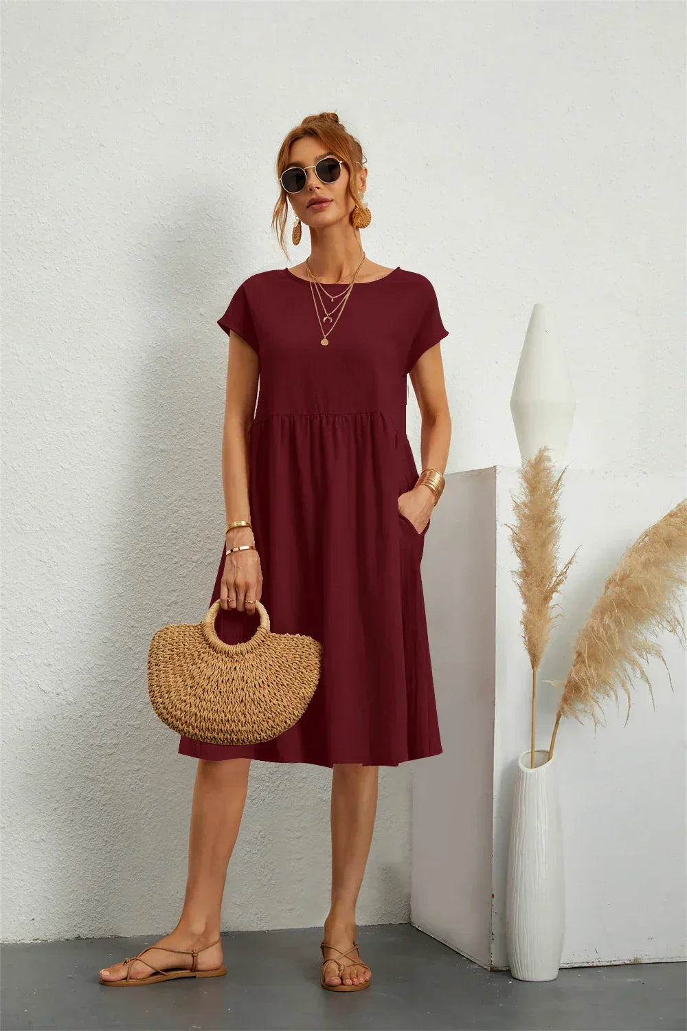 Cecelia | A-Line Midi Dress with Short Sleeves and Side Pockets for Women