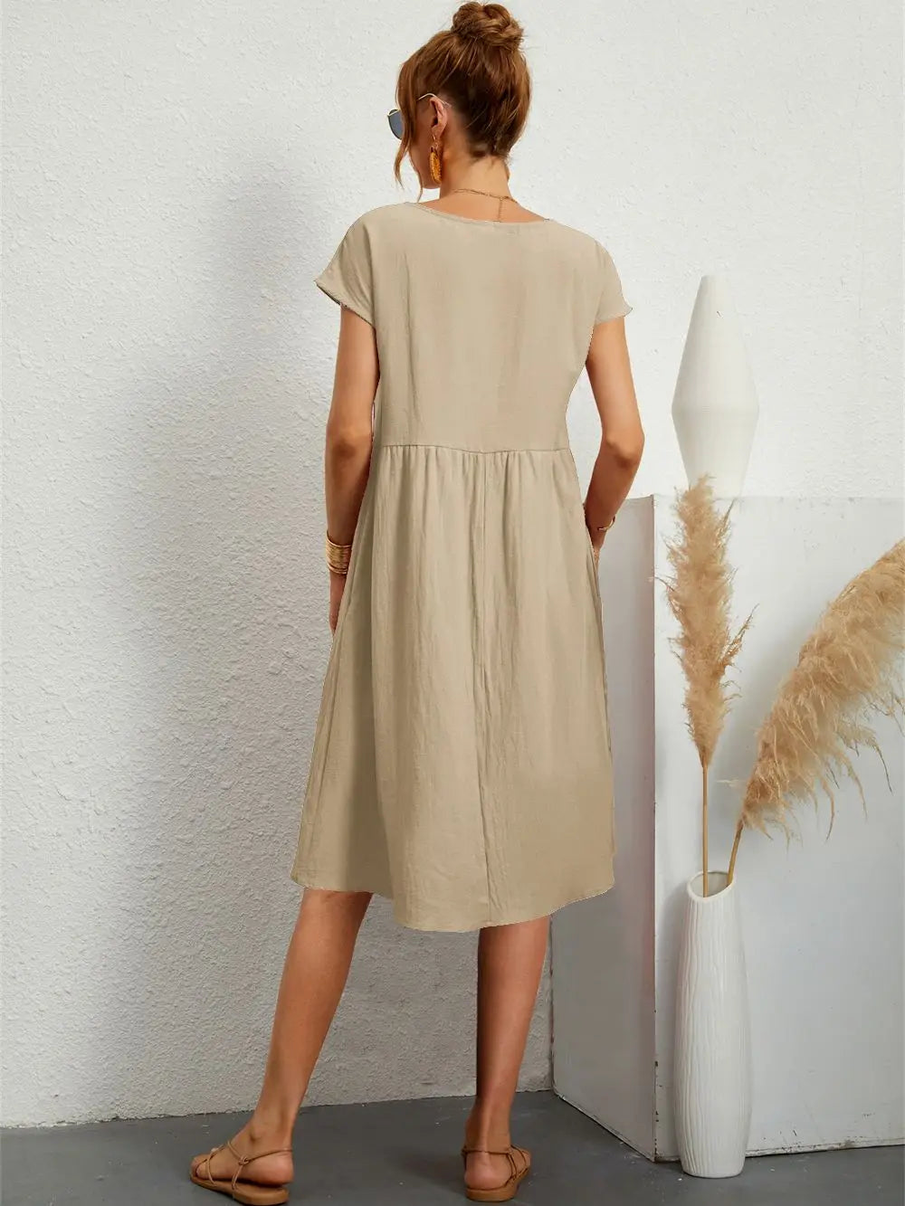 Cecelia | A-Line Midi Dress with Short Sleeves and Side Pockets for Women