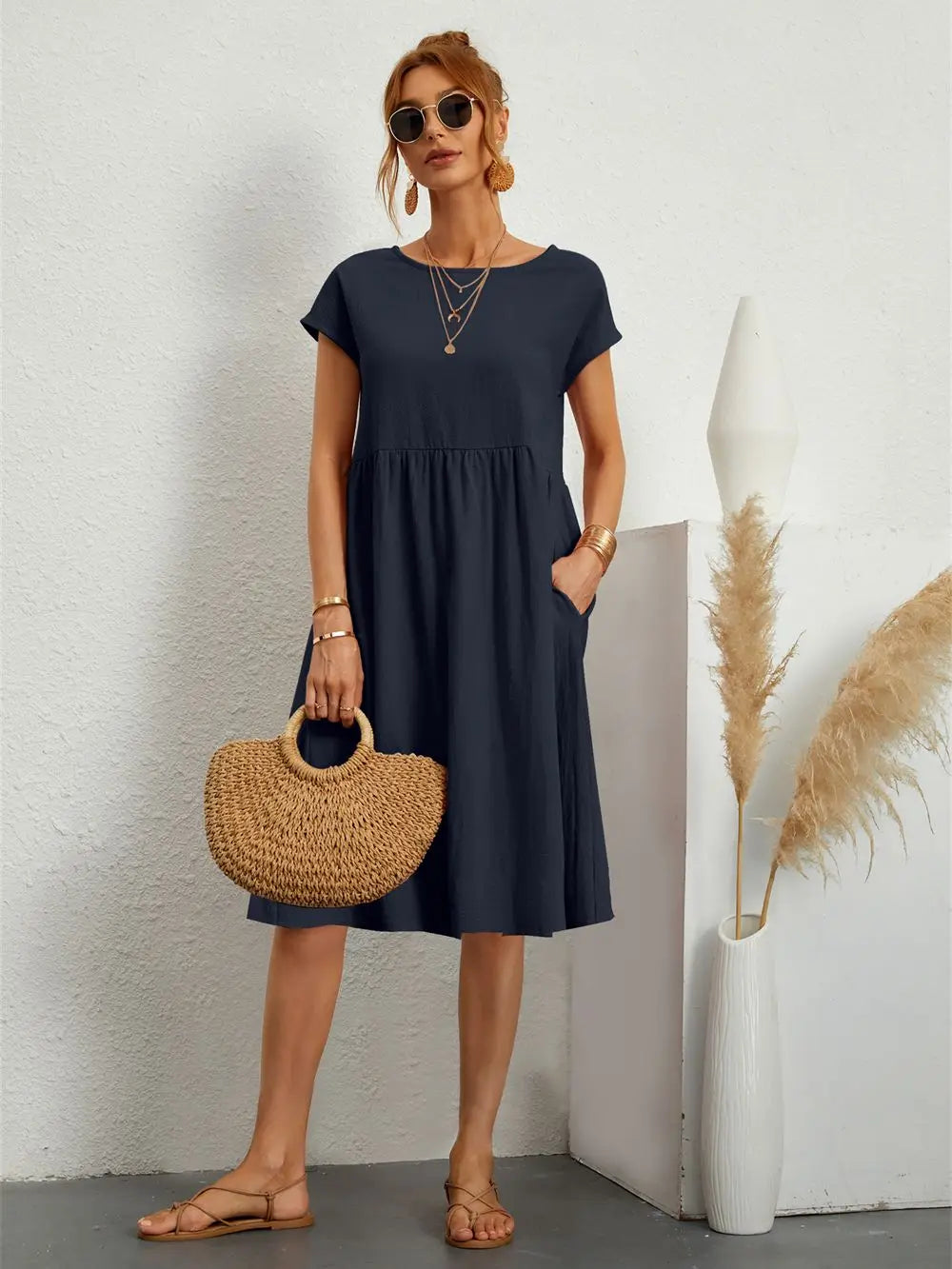 Cecelia | A-Line Midi Dress with Short Sleeves and Side Pockets for Women