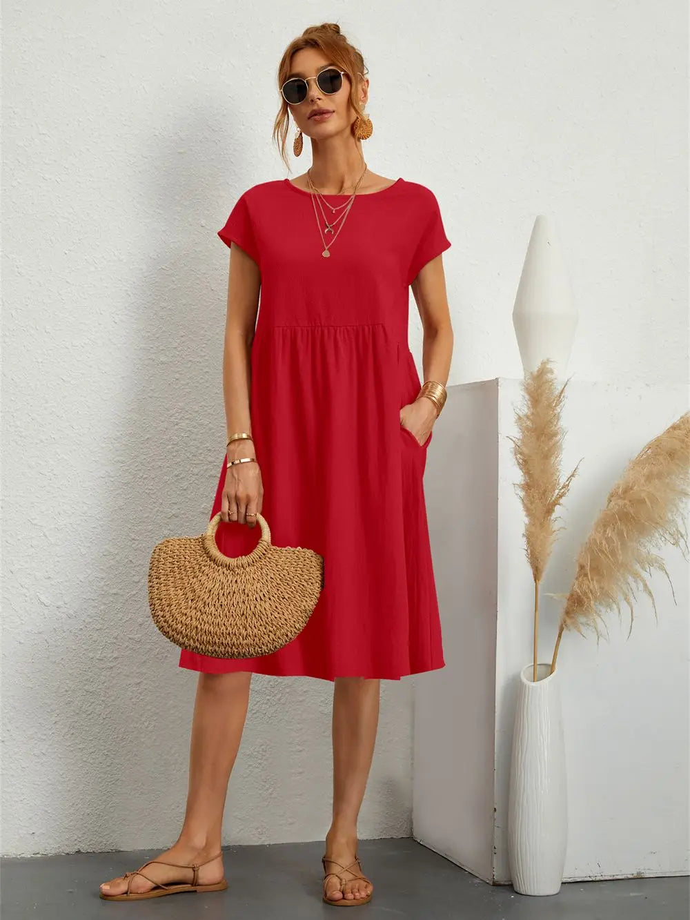 Cecelia | A-Line Midi Dress with Short Sleeves and Side Pockets for Women
