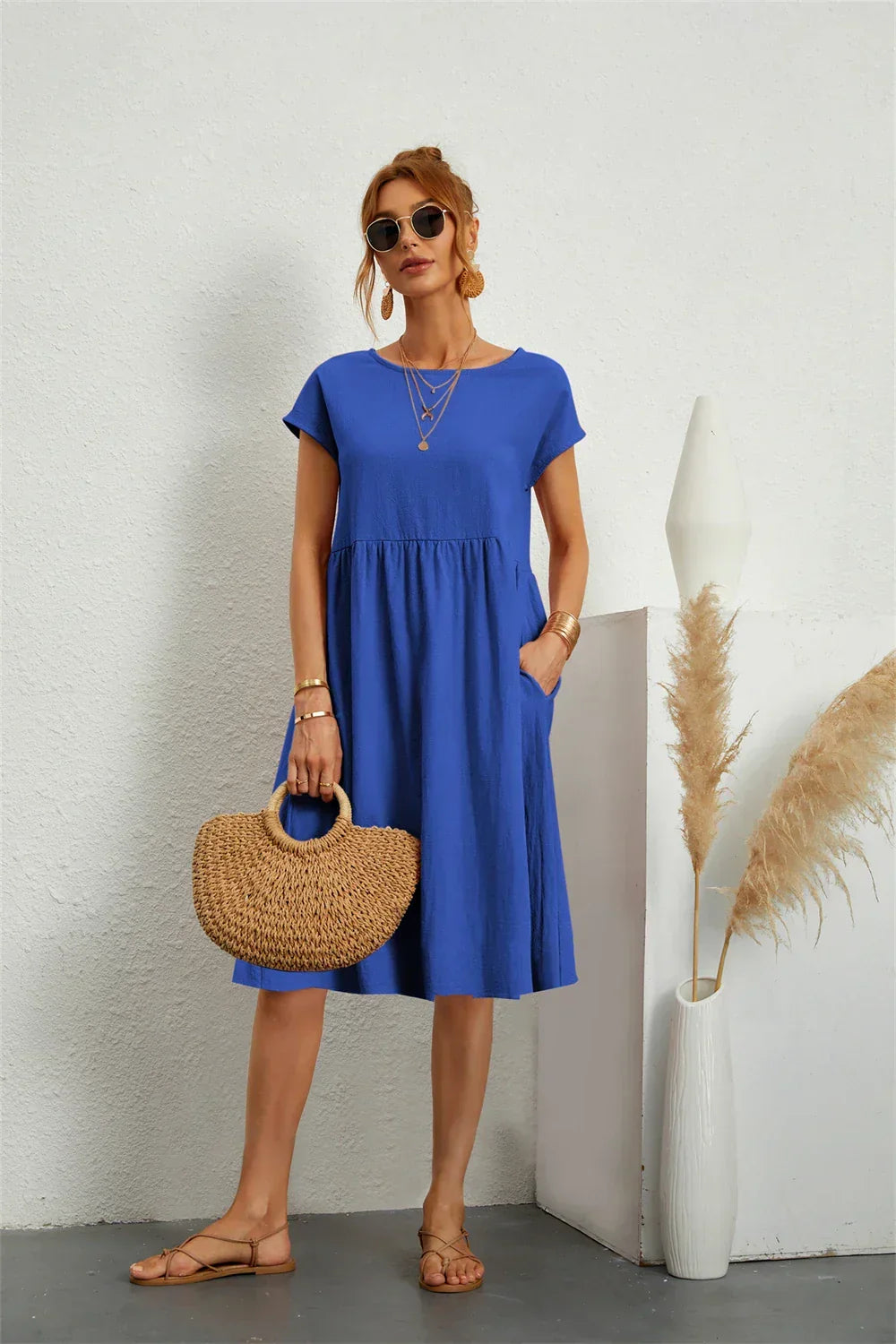 Cecelia | A-Line Midi Dress with Short Sleeves and Side Pockets for Women