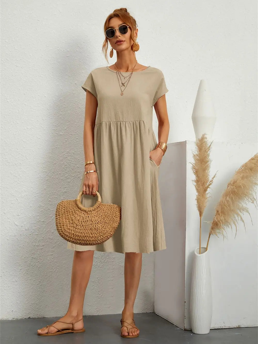 Cecelia | A-Line Midi Dress with Short Sleeves and Side Pockets for Women