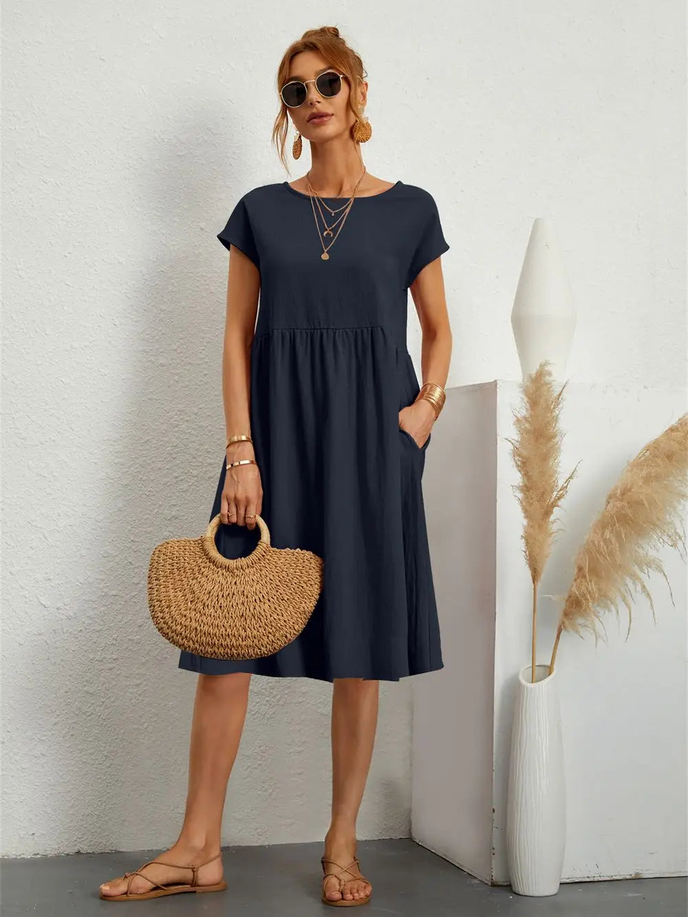Cecelia | A-Line Midi Dress with Short Sleeves and Side Pockets for Women