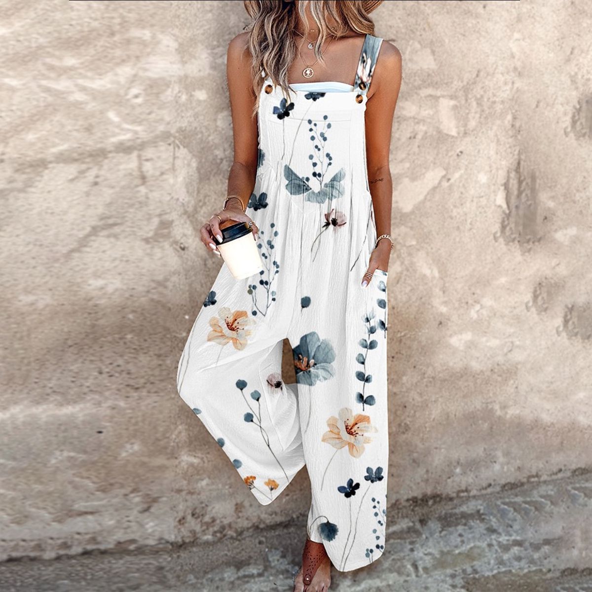 Floral Sleeveless Wide Leg Jumpsuit with Square Neck for Women