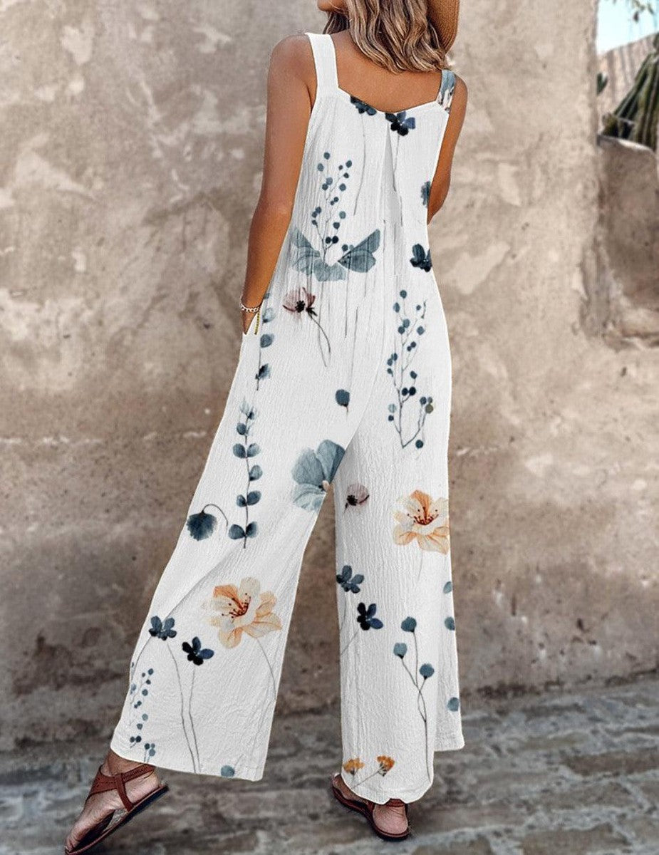 Floral Sleeveless Wide Leg Jumpsuit with Square Neck for Women