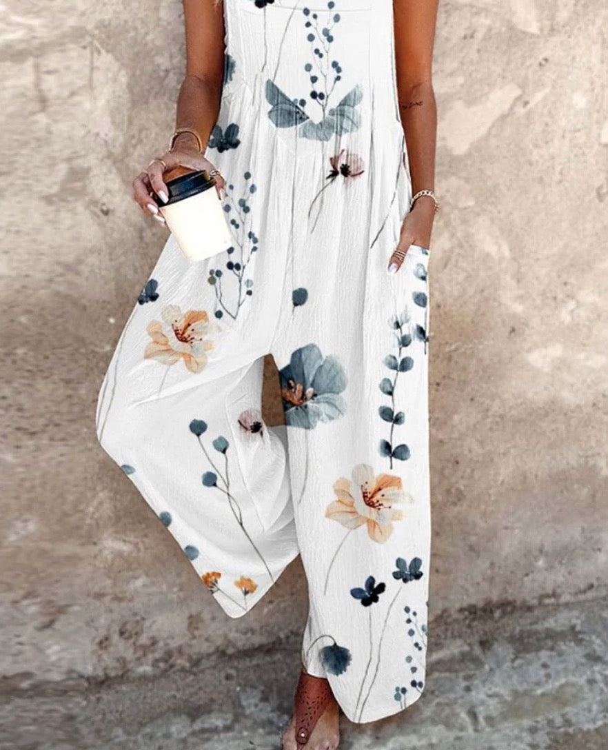 Floral Sleeveless Wide Leg Jumpsuit with Square Neck for Women