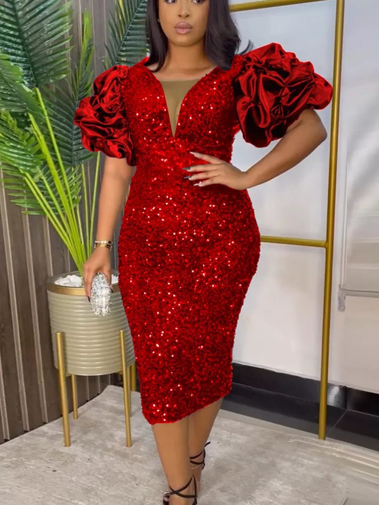Khaleesi | Sequin Midi Dress with Puff Sleeves for Women