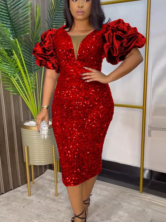Khaleesi | Sequin Midi Dress with Puff Sleeves for Women