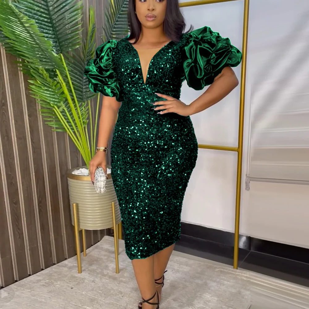 Khaleesi | Sequin Midi Dress with Puff Sleeves for Women