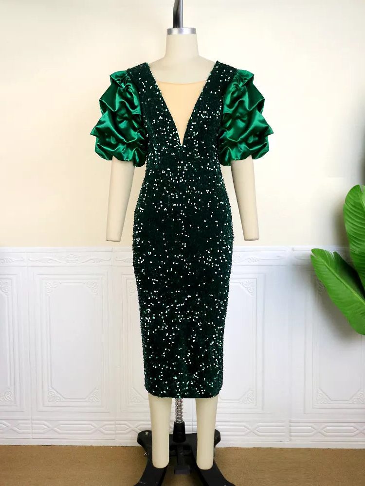Khaleesi | Sequin Midi Dress with Puff Sleeves for Women
