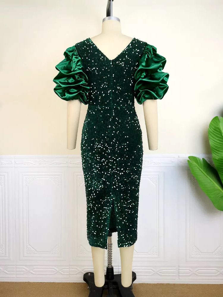 Khaleesi | Sequin Midi Dress with Puff Sleeves for Women