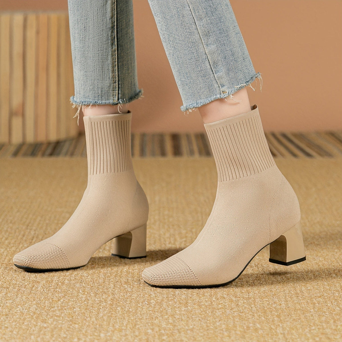 Kishori | Ribbed Knit Block Heel Ankle Boots for Women