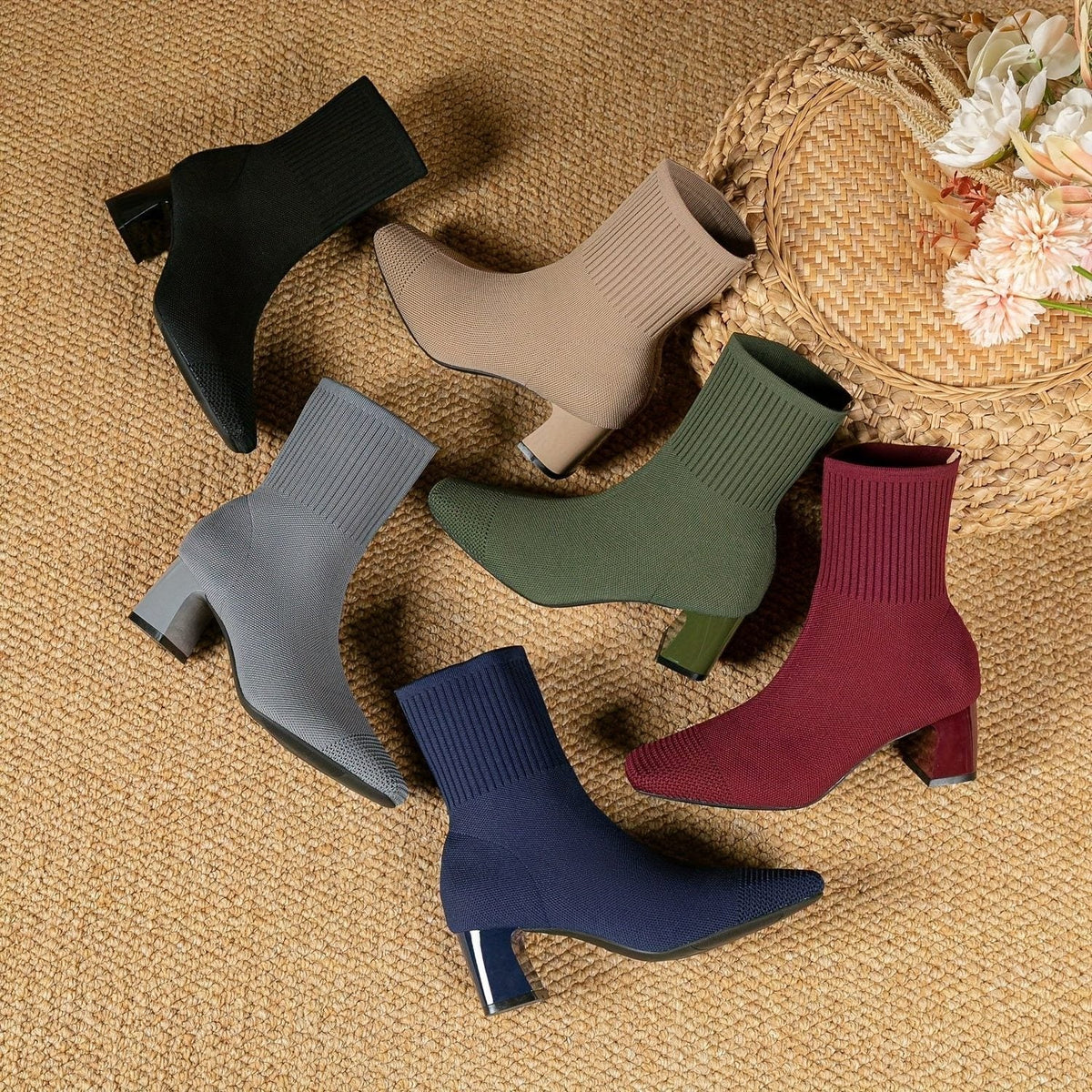 Kishori | Ribbed Knit Block Heel Ankle Boots for Women