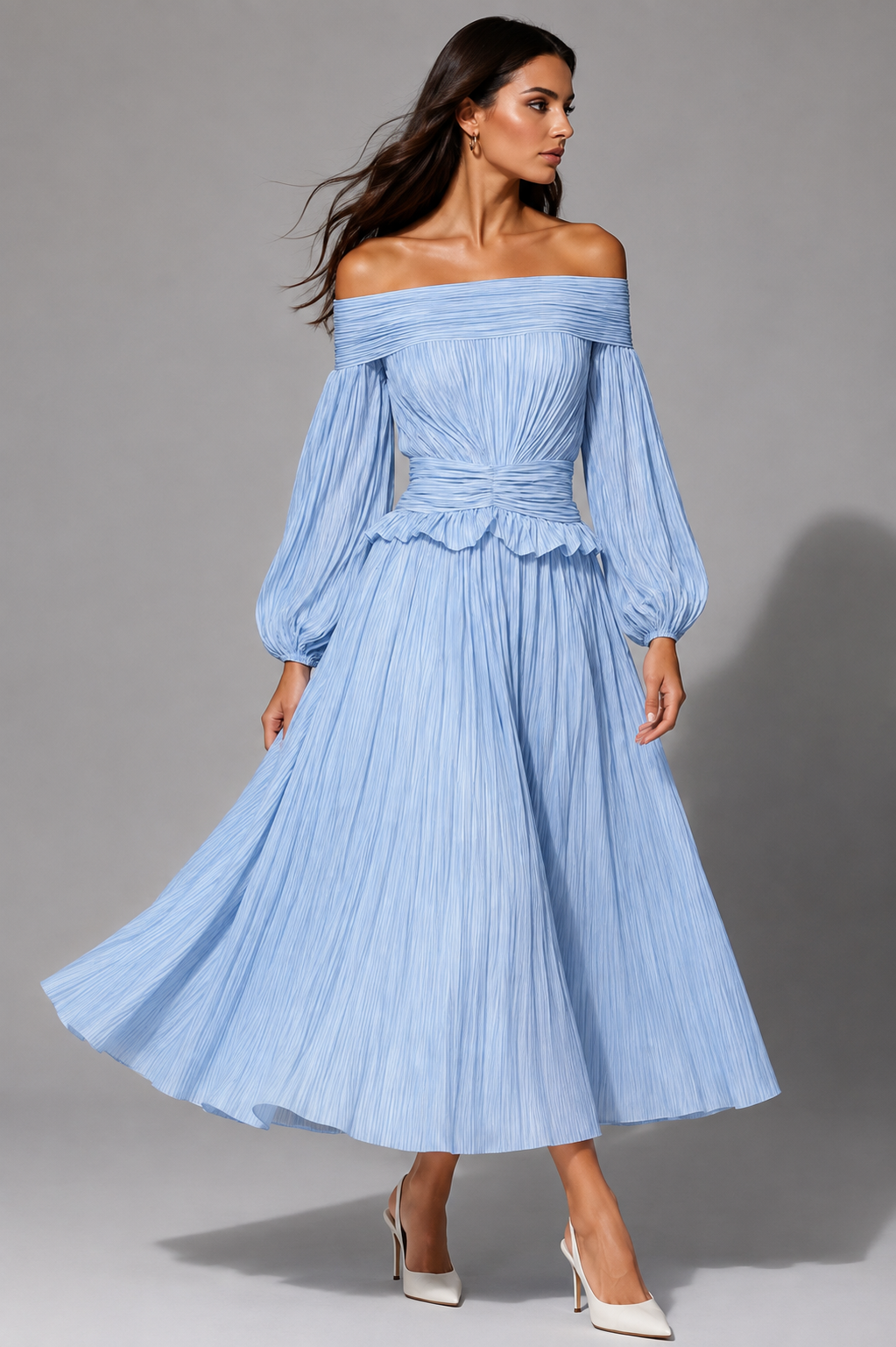 Mabel | Fall Wedding Guest Off-Shoulder Pleated Midi Dress for Women