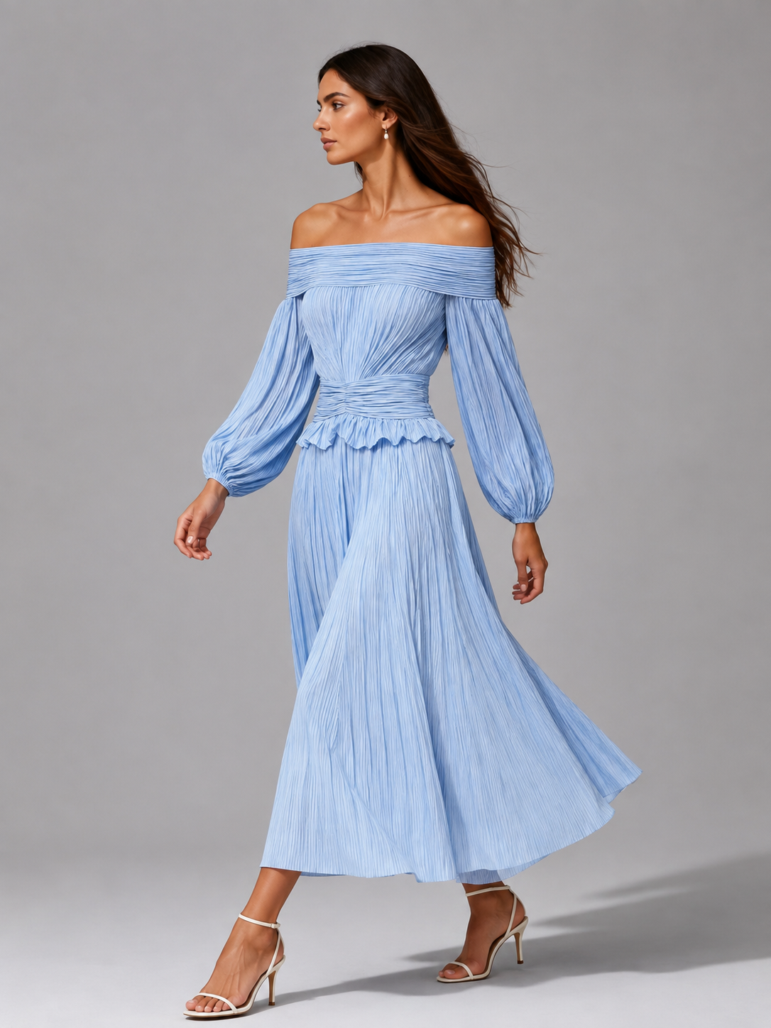 Mabel | Fall Wedding Guest Off-Shoulder Pleated Midi Dress for Women
