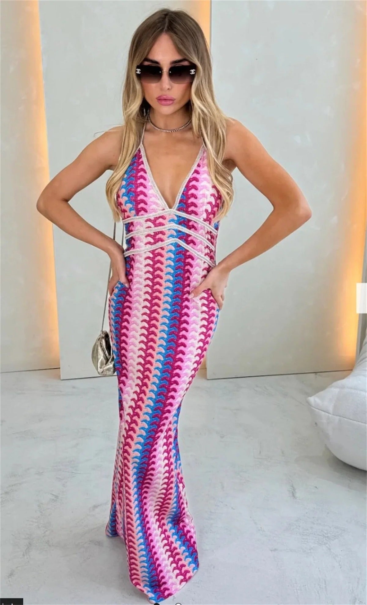 Iris | Wedding Guest Halterneck Maxi Dress with V-Neck for Women
