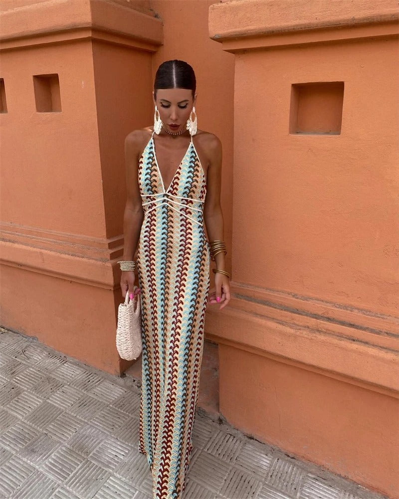 Iris | Wedding Guest Halterneck Maxi Dress with V-Neck for Women