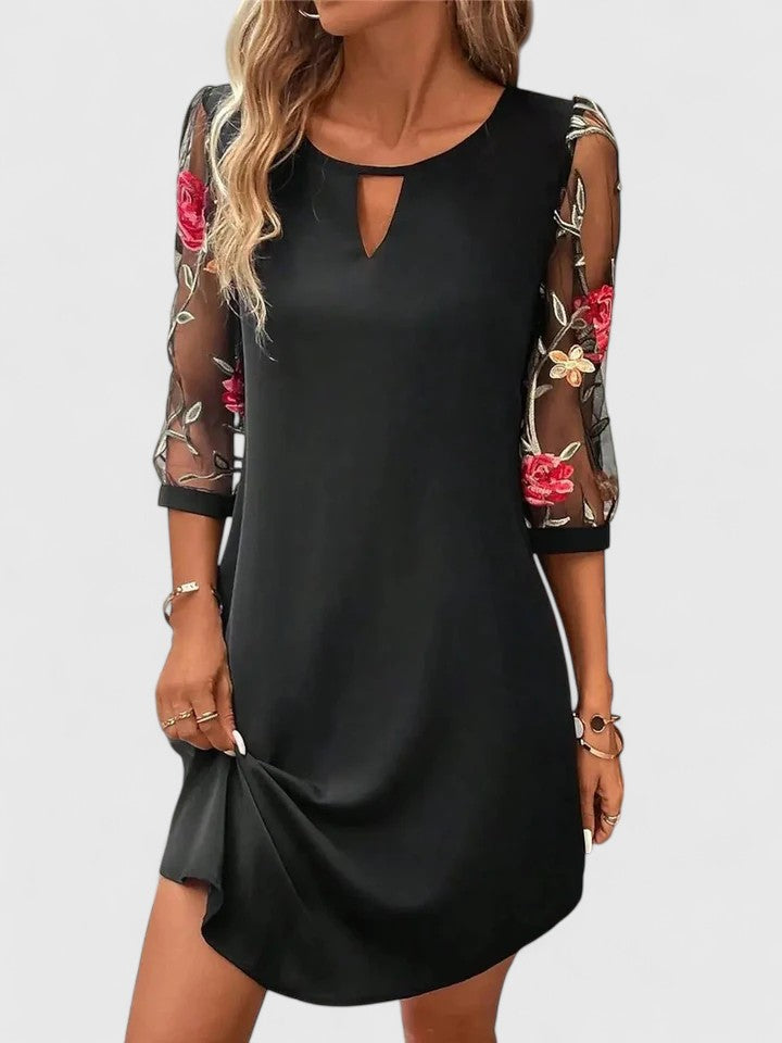 Elise | V-Neck Midi Dress with Sheer Floral Sleeves for Women