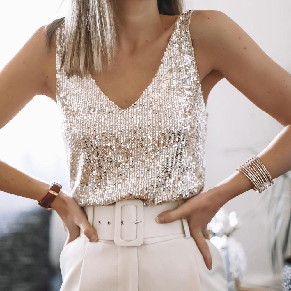 Mandy | Sequin Top with V-Neck and Spaghetti Straps for Women