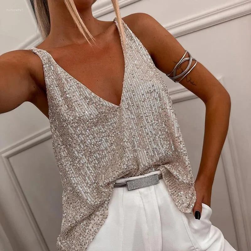 Mandy | Sequin Top with V-Neck and Spaghetti Straps for Women