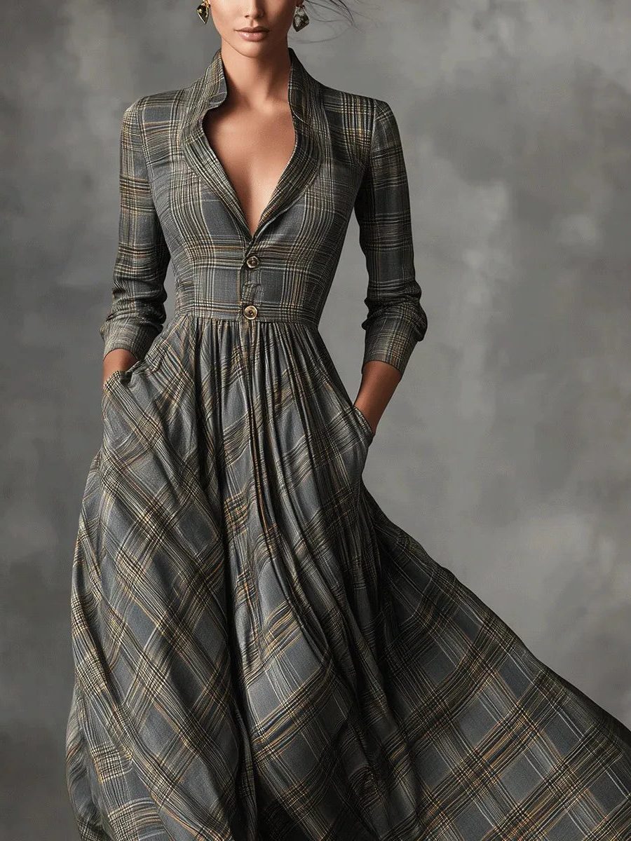 Melora | Plaid Maxi Dress with Button-Down Front for Women