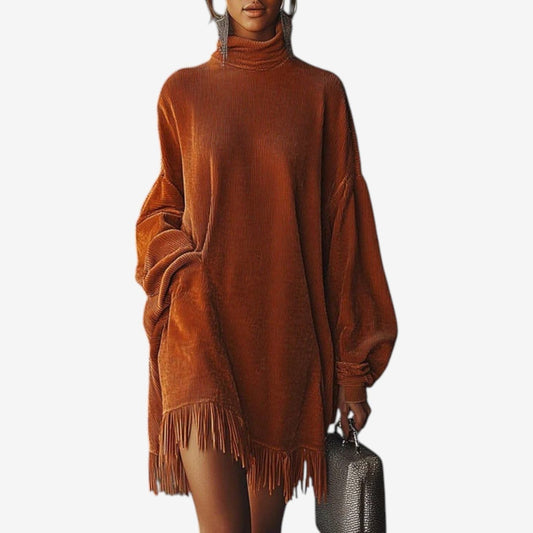 Meri | Ribbed Knit Dress with Turtleneck and Fringe Hem for Women