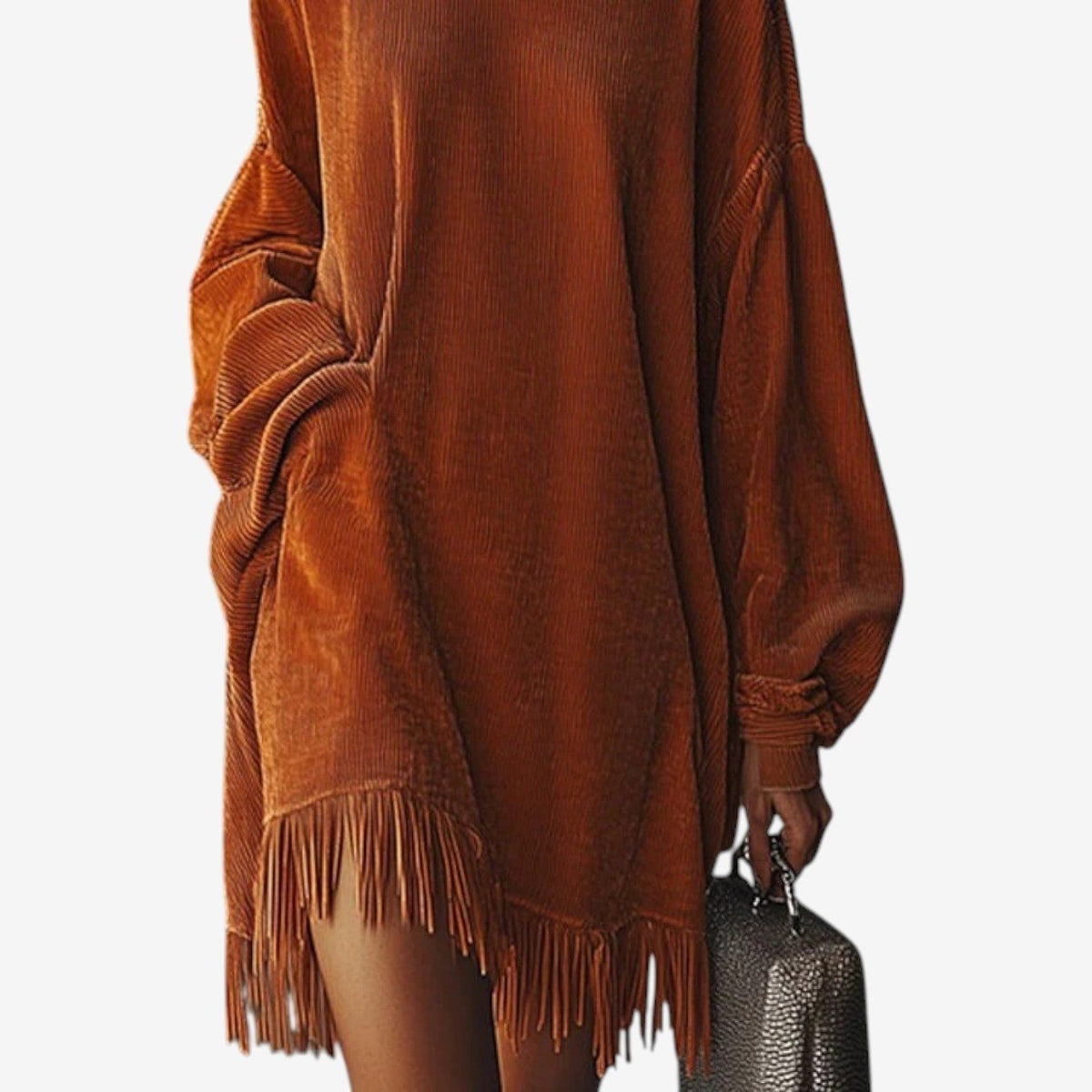 Meri | Ribbed Knit Dress with Turtleneck and Fringe Hem for Women