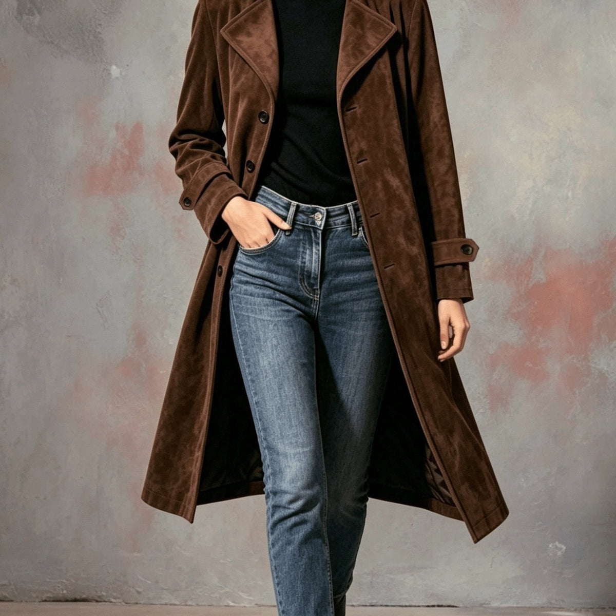 Naomi | Suede Longline Coat with Lapel for Women