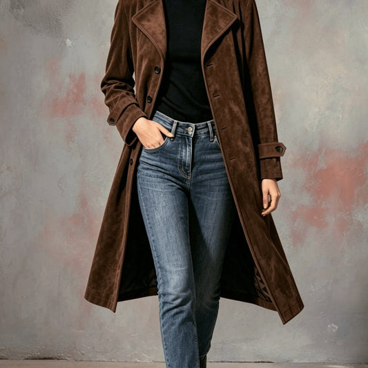 Naomi | Suede Longline Coat with Lapel for Women