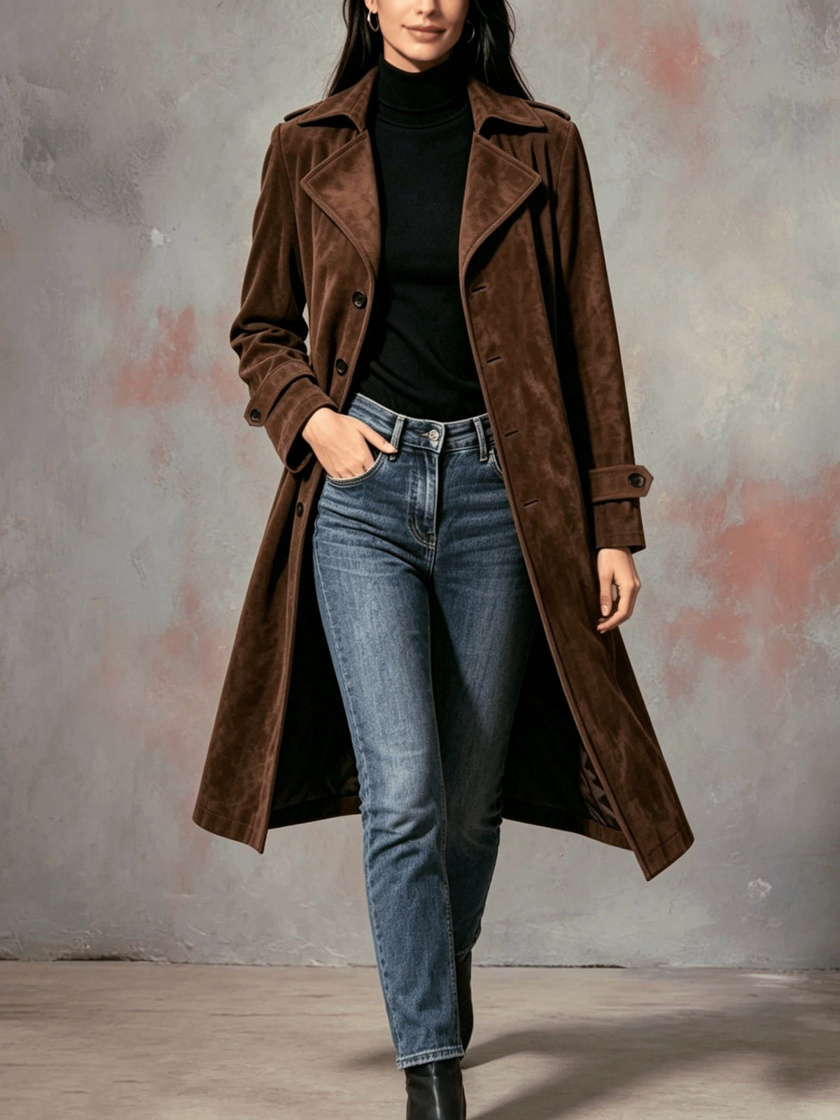 Naomi | Suede Longline Coat with Lapel for Women