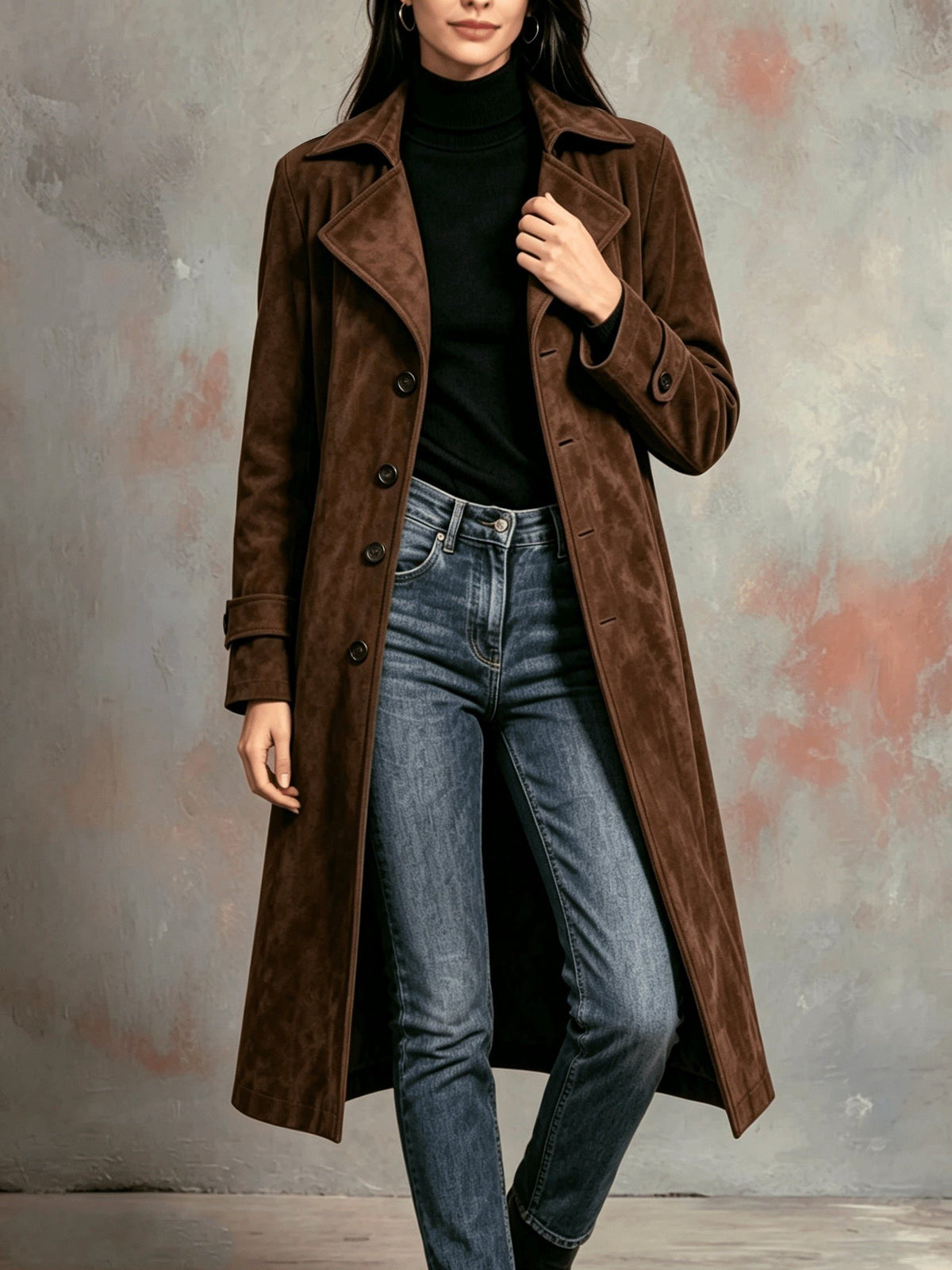 Naomi | Suede Longline Coat with Lapel for Women