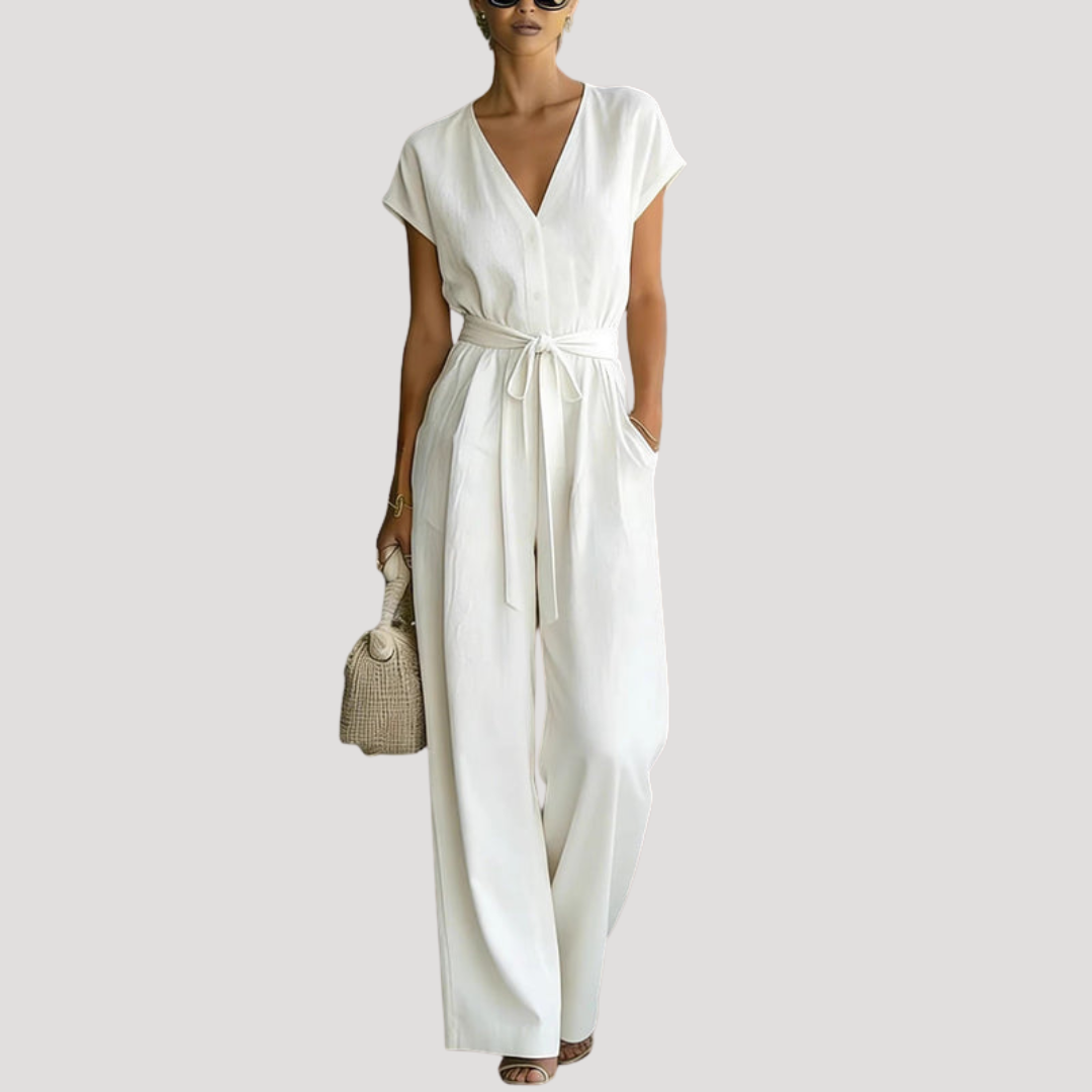 Ophelia | V Neck Wide Leg Tie Waist Jumpsuit