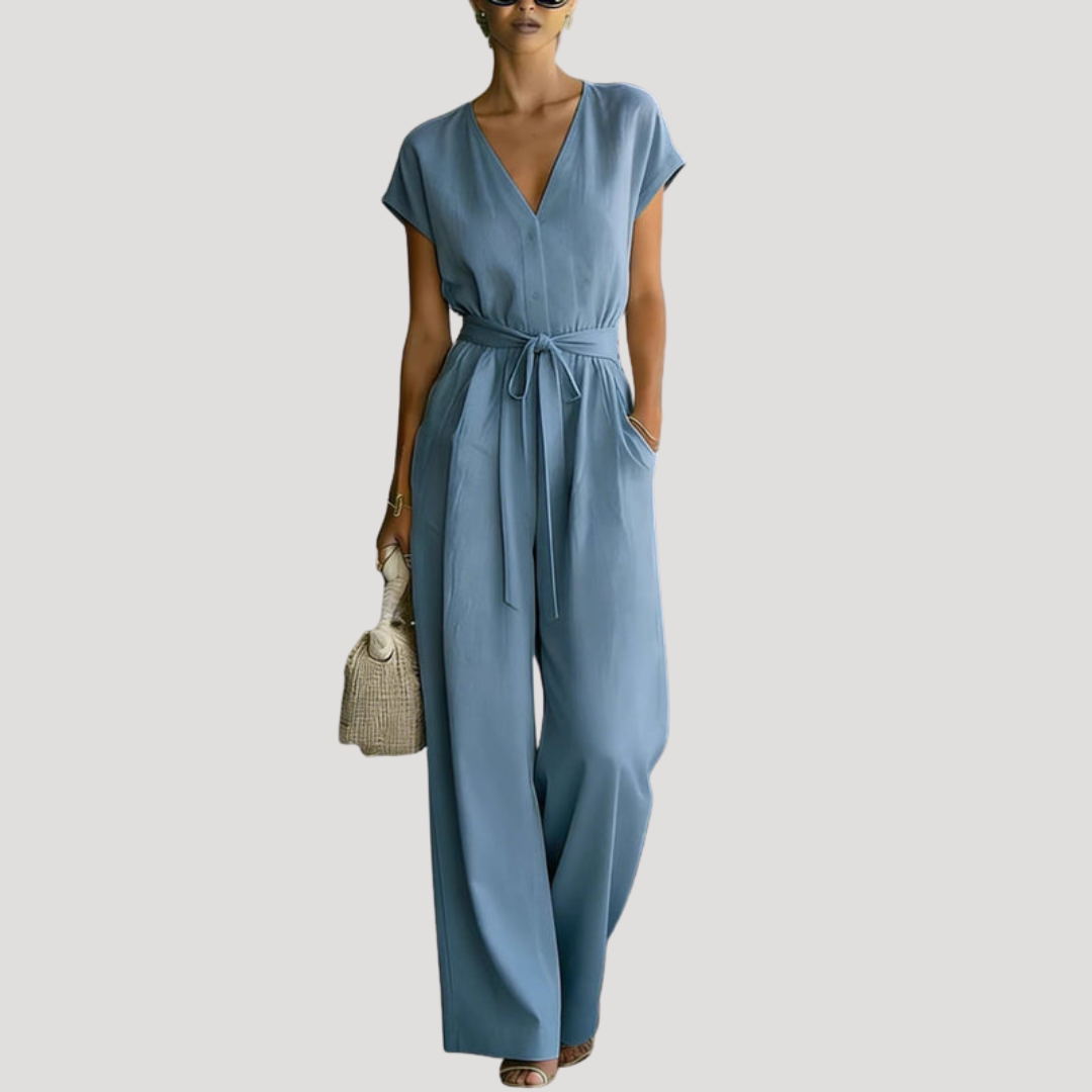 Ophelia | V Neck Wide Leg Tie Waist Jumpsuit